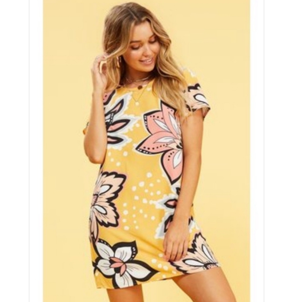MINKPINK Floral Print Tee Dress Butter Yellow, Pink, White, and Black Size M